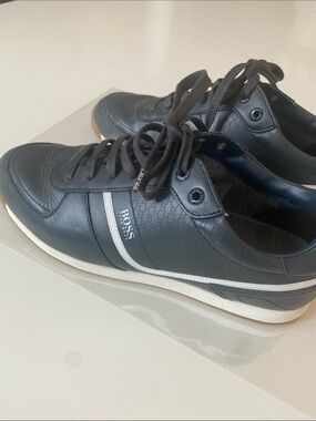 BOSS Men's Navy Leather Lace-Up Sneakers with White Trim